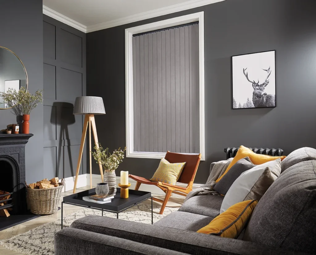 room with grey and yellow decor and grey vertical blinds in angmering sussex