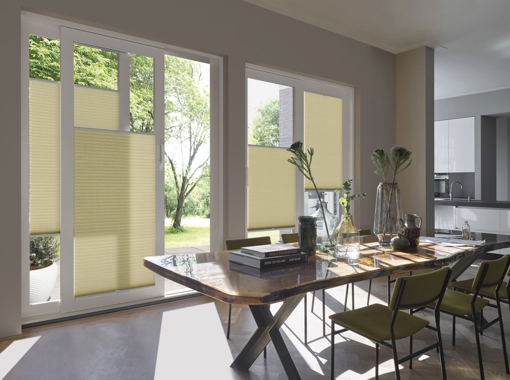 modern kitchen with sliding doors and top down bottom up duette energy saving blinds