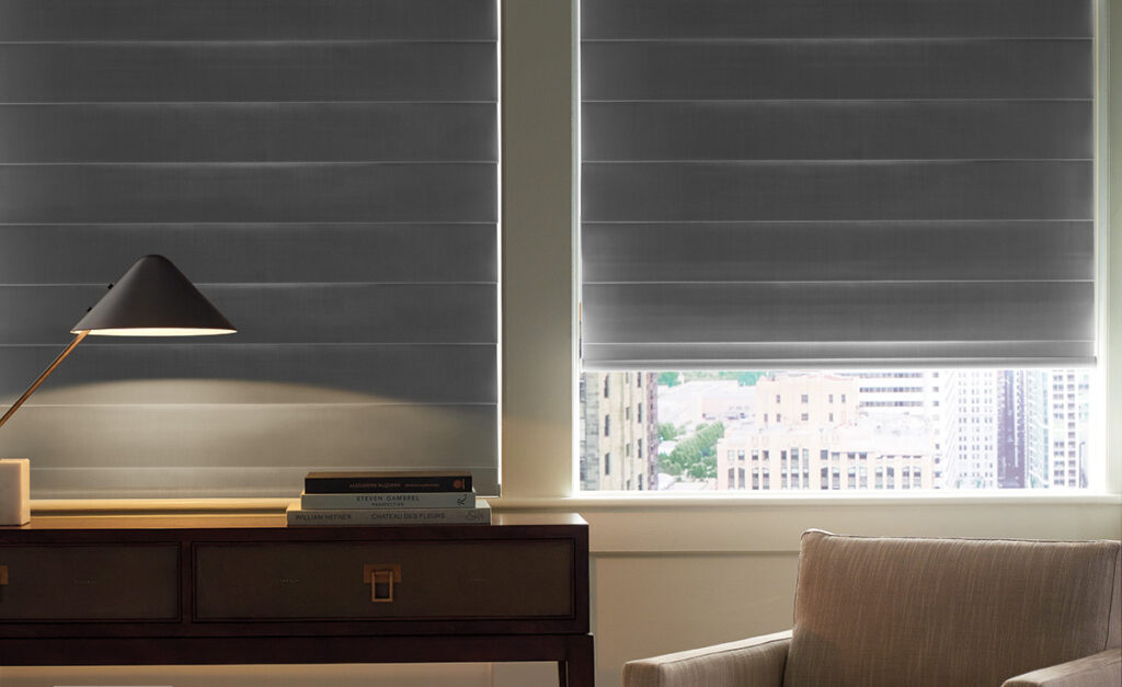Grey Roman blinds fitted in a contemporary Worthing living room